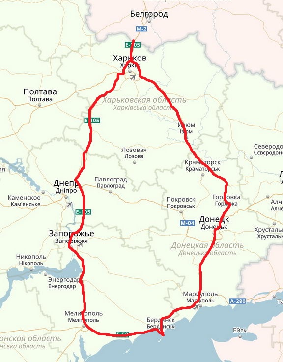Маршрут автопробега по Восточной Украине